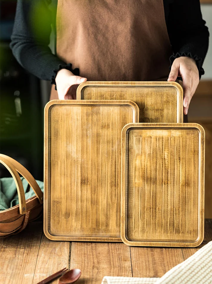 Plateau Rectangulaire en Bois Rétro Commercial pour Restaurants, Robuste et Élégant, Idéal pour Servir Plats et Boissons avec Style.