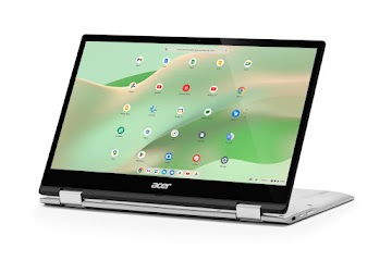 Een aanzicht vanaf de rechterkant van een Acer Chromebook Spin 513 die is omgedraaid tot een tablet toont de beschikbare poorten met de toetsen naar beneden.