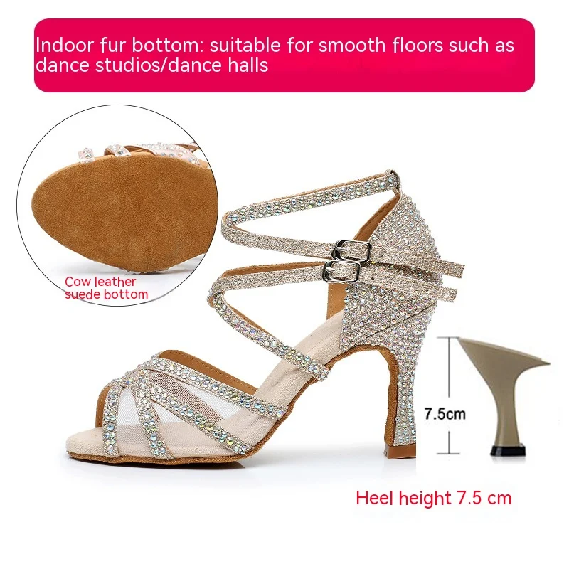 Diamanten Latin dansschoenen dames Professionele danssandalen Zachte zool Halve hak binnenschoenen voor dans