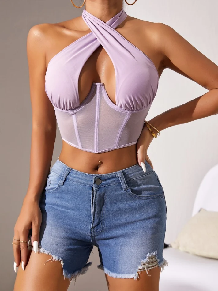 Top Stitching Mesh transparante cross-halterneck bh met baleinen. Zorgt voor een sexy look en een flatterend silhouet.