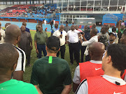 Delta State Governor Ifeanyi Okowa (holding mic) was a surprise guest at Nigeria's training session at the Stephen Keshi Stadium in Asaba on Tuesday, promising the team a cash reward of R360,000 for every goal scored in their 2019 Africa Cup of Nations against SA on Saturday November 17, 2018. 
