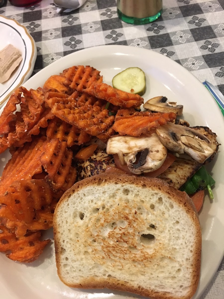 GF CHICKEN FLORENTINE with Sweet potato waffle fries. More great stuff from Skinny Vic's