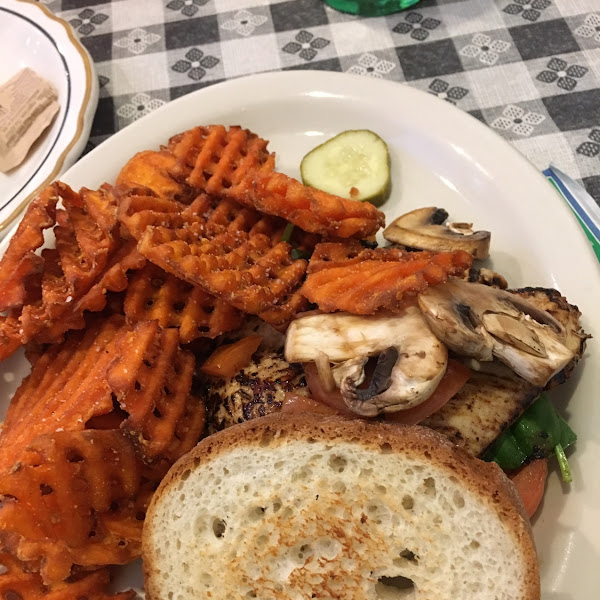 GF CHICKEN FLORENTINE with Sweet potato waffle fries. More great stuff from Skinny Vic's