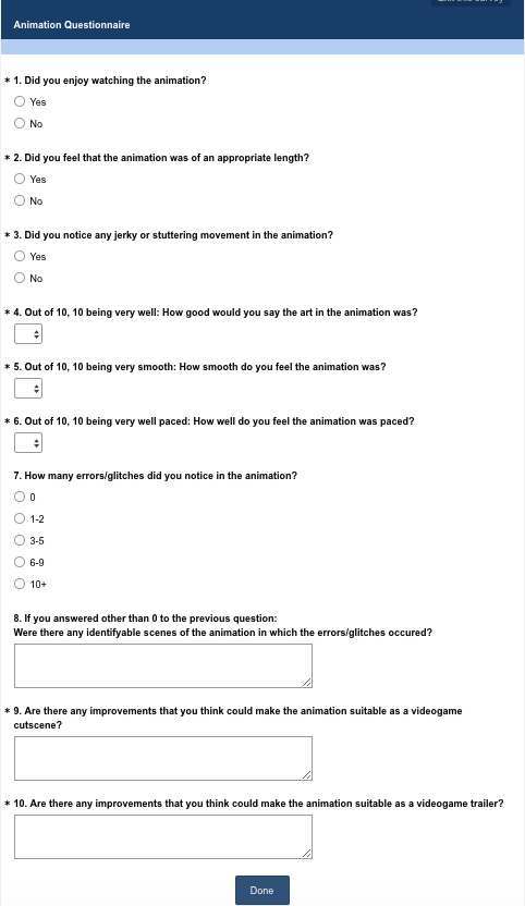 an animation questionnaire with multiple choice questions as its template