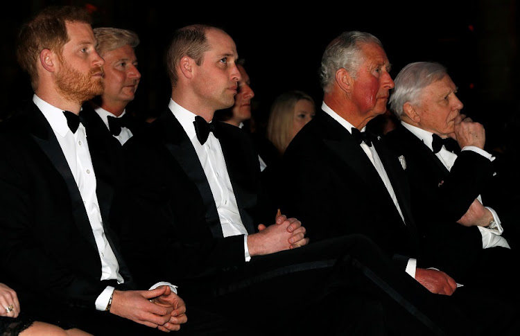 Britain's Prince Harry, Prince William, Prince Charles and British naturalist David Attenborough attending the global premiere of Netflix's 'Our Planet' at the Natural History Museum in London on April 4 2019. File photo.