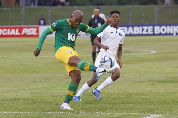 Thabani Zuke of Arrows kicks the ball during the match against Bay on Saturday.