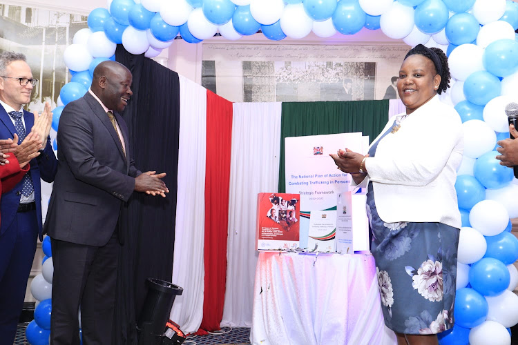 Labour and Social Protection Cabinet Secretary Florence Bore with Principal Secretary Joseph Motari during an event to mark the World Day against trafficking in persons in Nairobi on July 28, 2023/THEURI KIBICHO