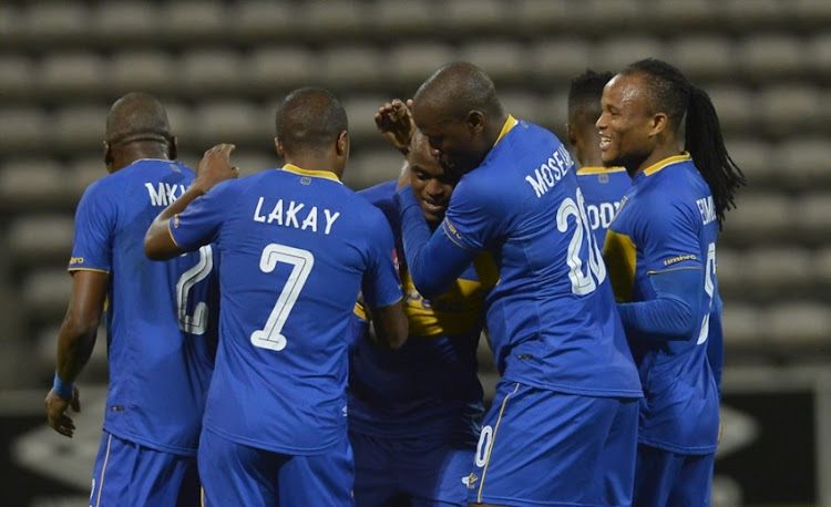 Ayanda Patosi of Cape Town City FC celebrate with team mates after scoring a goal during the Absa Premiership match between Cape Town City FC and Chippa United at Athlone Stadium on March 02, 2018 in Cape Town.