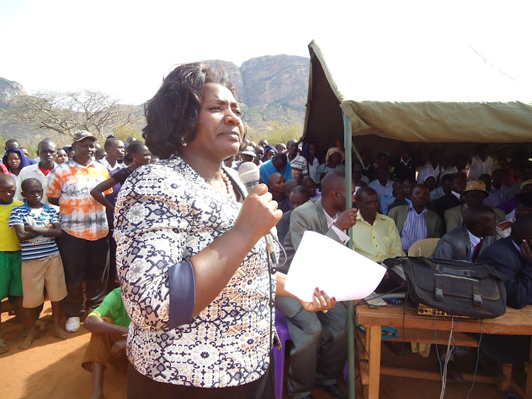 Kitui South MP Rachel Nyamai addressing a past function in her turf.