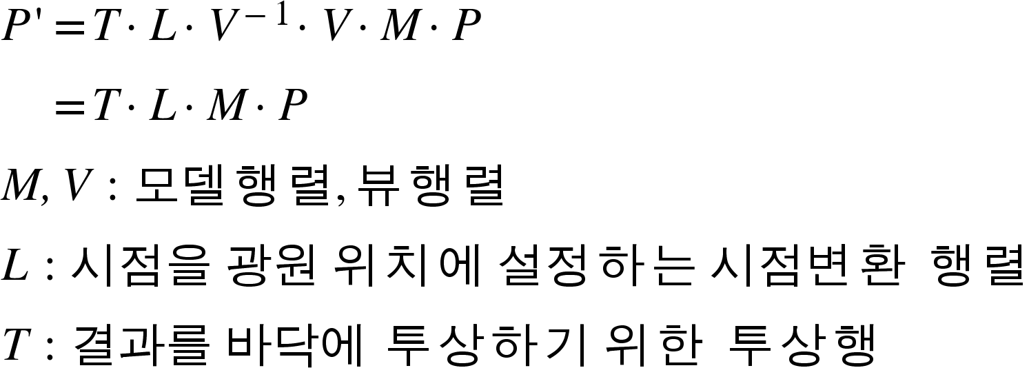 <math xmlns="http://www.w3.org/1998/Math/MathML"><mi>P</mi><mo>'</mo><mo>=</mo><mi>T</mi><mo>&#xB7;</mo><mi>L</mi><mo>&#xB7;</mo><msup><mi>V</mi><mrow><mo>-</mo><mn>1</mn></mrow></msup><mo>&#xB7;</mo><mi>V</mi><mo>&#xB7;</mo><mi>M</mi><mo>&#xB7;</mo><mi>P</mi><mspace linebreak="newline"/><mo>&#xA0;</mo><mo>&#xA0;</mo><mo>&#xA0;</mo><mo>&#xA0;</mo><mo>=</mo><mi>T</mi><mo>&#xB7;</mo><mi>L</mi><mo>&#xB7;</mo><mi>M</mi><mo>&#xB7;</mo><mi>P</mi><mspace linebreak="newline"/><mi>M</mi><mo mathvariant="italic">,</mo><mi>V</mi><mo>&#xA0;</mo><mo>:</mo><mo>&#xA0;</mo><mi>&#xBAA8;&#xB378;</mi><mo>&#xD589;</mo><mi mathvariant="normal">&#xB82C;</mi><mo>,</mo><mi mathvariant="normal">&#xBDF0;</mi><mo>&#xD589;</mo><mi mathvariant="normal">&#xB82C;</mi><mspace linebreak="newline"/><mi>L</mi><mo>&#xA0;</mo><mo>:</mo><mo>&#xA0;</mo><mi>&#xC2DC;&#xC810;&#xC744;</mi><mo>&#xA0;</mo><mi>&#xAD11;&#xC6D0;</mi><mo>&#xA0;</mo><mi mathvariant="normal">&#xC704;</mi><mo>&#xCE58;</mo><mi mathvariant="normal">&#xC5D0;</mi><mo>&#xA0;</mo><mi>&#xC124;&#xC815;</mi><mo>&#xD558;</mo><mi mathvariant="normal">&#xB294;</mi><mo>&#xA0;</mo><mi>&#xC2DC;&#xC810;&#xBCC0;</mi><mo>&#xD658;</mo><mo>&#xA0;</mo><mo>&#xD589;</mo><mi mathvariant="normal">&#xB82C;</mi><mspace linebreak="newline"/><mi>T</mi><mo>&#xA0;</mo><mo>:</mo><mo>&#xA0;</mo><mi>&#xACB0;&#xACFC;&#xB97C;</mi><mo>&#xA0;</mo><mi>&#xBC14;&#xB2E5;&#xC5D0;</mi><mo>&#xA0;</mo><mo>&#xD22C;</mo><mi mathvariant="normal">&#xC0C1;</mi><mo>&#xD558;</mo><mi mathvariant="normal">&#xAE30;</mi><mo>&#xA0;</mo><mi mathvariant="normal">&#xC704;</mi><mo>&#xD55C;</mo><mo>&#xA0;</mo><mo>&#xD22C;</mo><mi mathvariant="normal">&#xC0C1;</mi><mo>&#xD589;</mo></math>