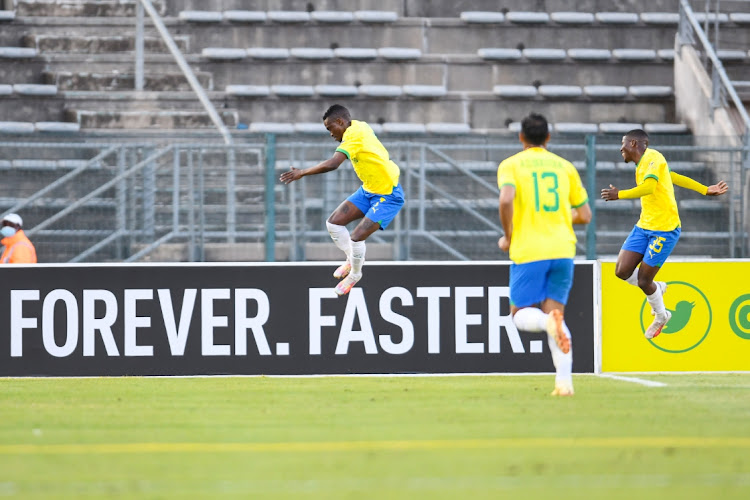 Lesiba Nku celebrates one of his goals for Mamelodi Sundowns in their DStv Premiership win against Golden Arrows at Lucas Moripe Stadium in Pretoria on Tuesday.