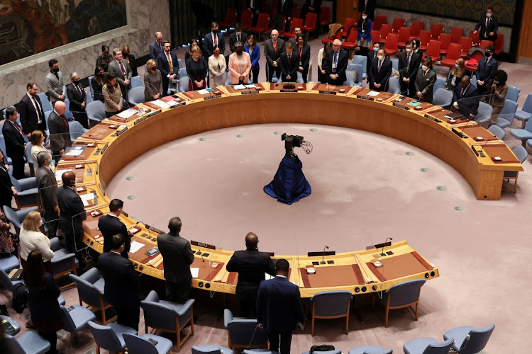 General view of a moment of silence for former U.S. Secretary of State Madeleine Albright during the United Nations Security Council meeting, amid Russia's invasion of Ukraine, at the United Nations Headquarters in New York City, New York, US., March 23, 2022.