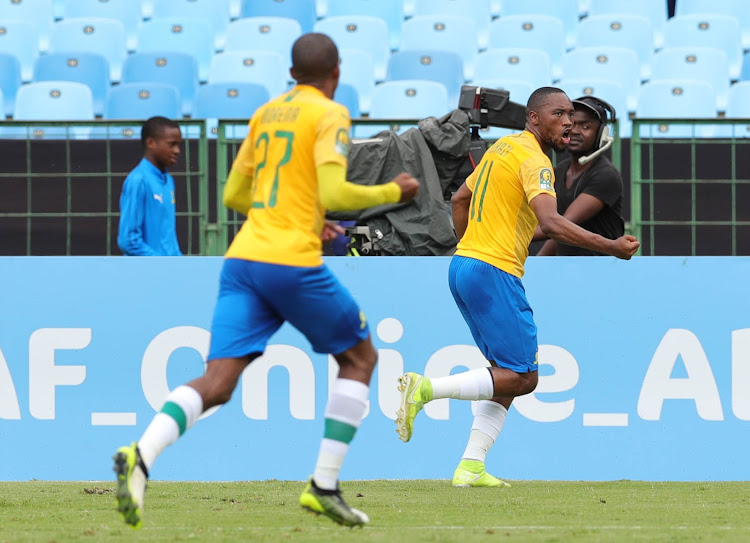 Sibusiso Vilakazi (R) celebrates after scoring the second goal. Behind him is Thapelo Morena, who was responsible for the opening goal.