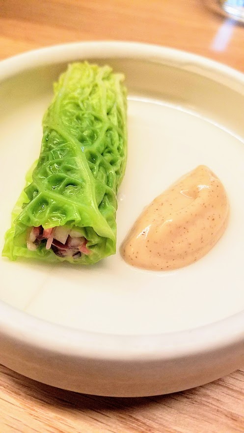 Farm Spirit Winter 2019, starter of snack of Winter roll with borage butter and yummy sauce using 2 year miso