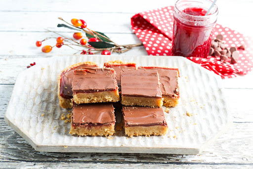 A platter of Holly's Chocolate Cranberry Cookie Bars.