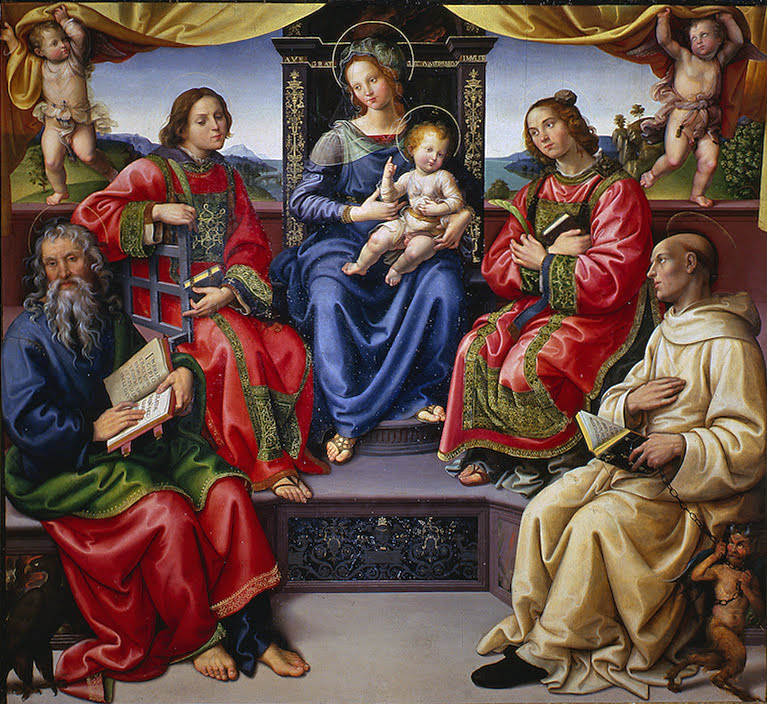 Raffaellino del Garbo, Madonna in Trono tra San Giovanni Evangelista, San Lorenzo, Santo Stefano e San Bernardo, particolare, 1505, tempera su tavola, Capella Corbinelli, Santo Spitito, Firenze