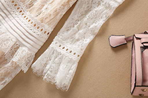 Title 7, Pleated Stitching Lace Long Sleeve Dress