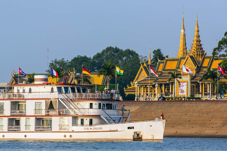 Lindblad Expeditions' ship The Jahan pulls in to a port in Phnom Penh, Cambodia. 