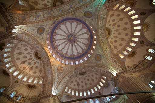 The blue-tinted main dome and semi-domes of the Blue Mosque, or Sultan Ahmed Mosque, in Istanbul. 