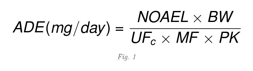 Acceptable Daily Exposure (ADE) calculation: (NOAEL x BW) / (UFc x MF x PK)