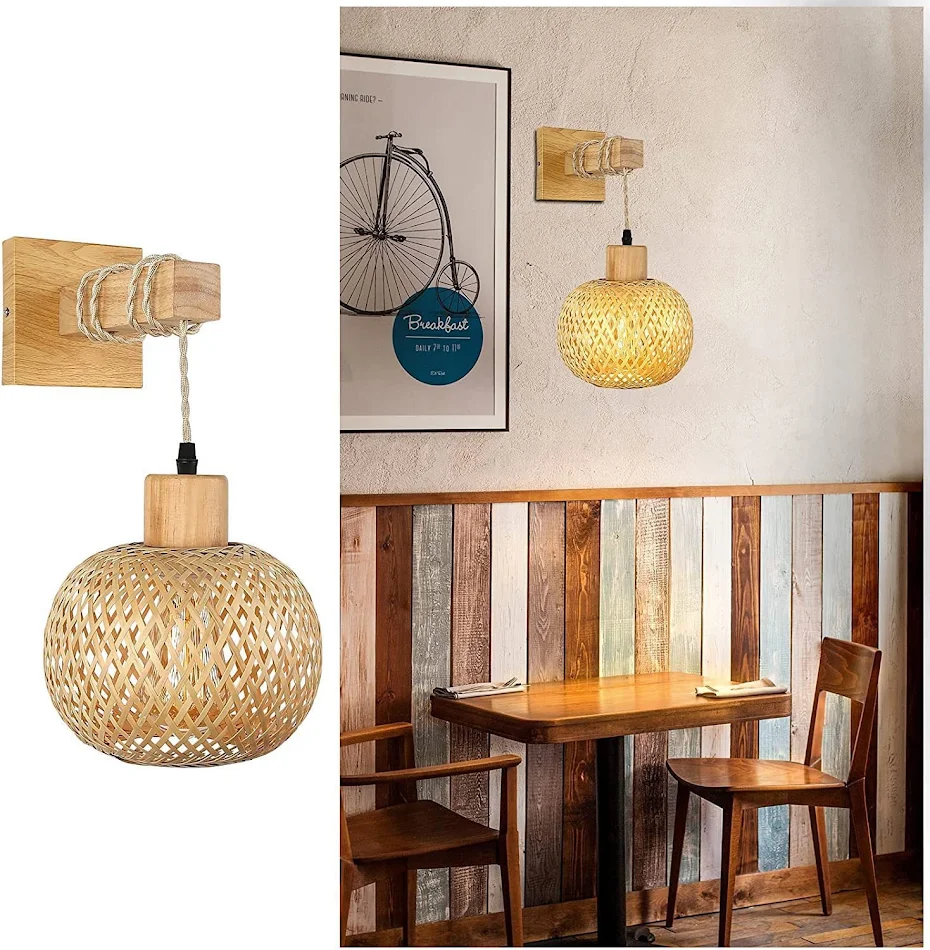 Retro japanska zidna lampa od pletenog bambusa za noćni stočić. Toplo i prirodno osvetljenje za vašu spavaću sobu ili prostor.