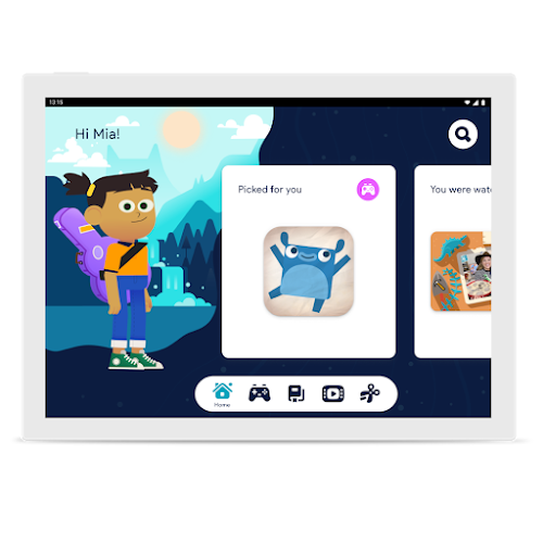 A screen featuring Google Kids Space with a cartoon character of a child and a curated app being featured with a jumping critter.