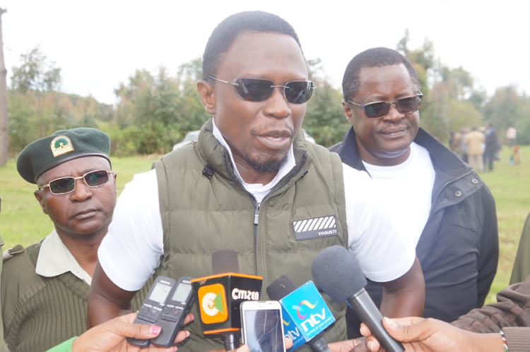 Foreign affairs CAS Ababu Namwamba addressing journalists at Uplands forest yesterday.