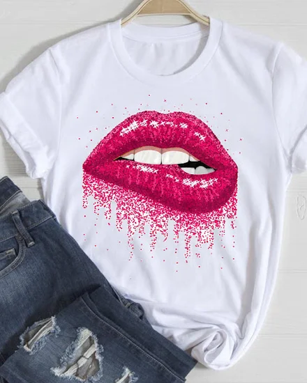 T-shirts Women Cartoon Sexy Lip Fashion Short Sleeve Spri... - 0