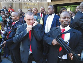 Photo: His private security guard bristled with AK47s to intimidate witnesses at Julius Malema hatespeech trial April2011