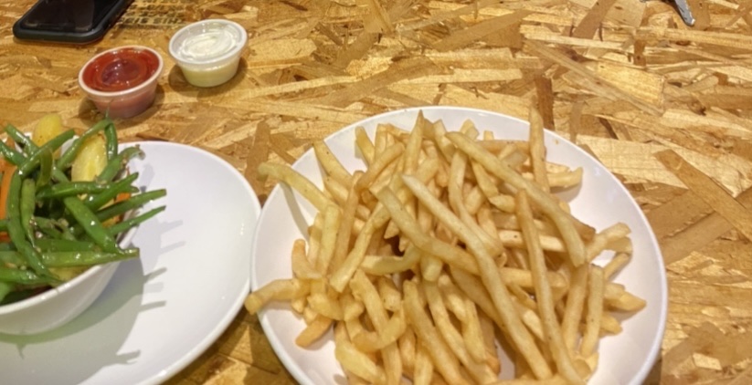 French fries and seasonal vegetables