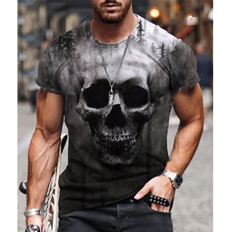 Skull Style Poker Diamond Print Vintage Men'S T-Shirt Casual Street Style Short Sleeve Men'S Pullover Slim Top
