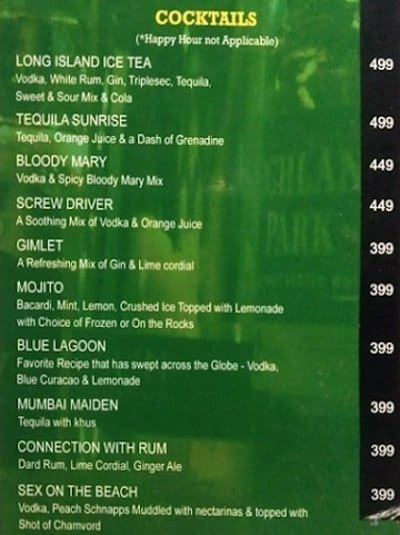 Liquid Lounge menu 