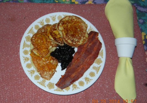 Lemon Ricotta Pancakes with Orange Marmalade and Blueberry Spread and a side of turkey bacon!  