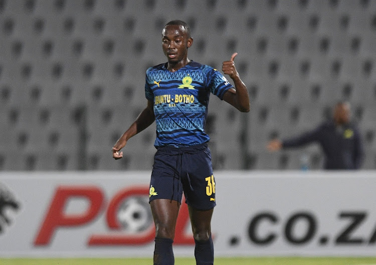 Peter Shalulile of Mamelodi Sundowns celebrates a goal in the DStv Premiership match against Swallows FC at Dobsonville Stadium on April 6 2022.