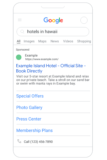 An example of a Google Search ad for "hotels in Hawaii" on a mobile screen.