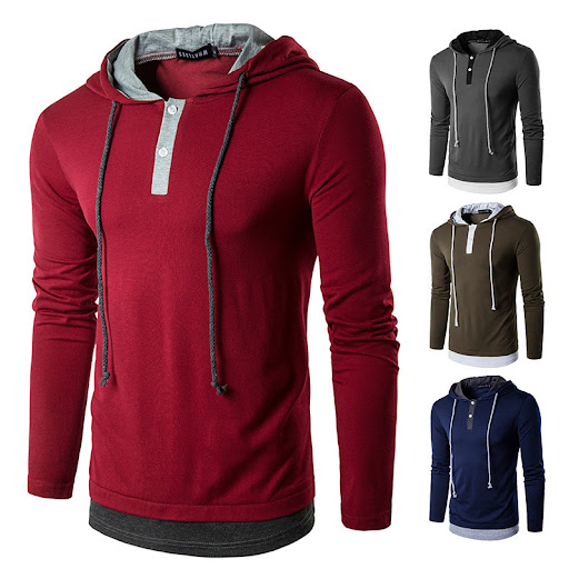 Title 2, Fake Two-piece Hooded Drawstring Long-sleeved T...