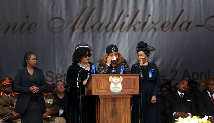 Zenani Mandela, Nelson Mandela and Winnie Madikizela-Mandela's daughter, gets emotional during her speech at the Orlando stadium during her mother's funeral in Soweto, April 14, 2018.