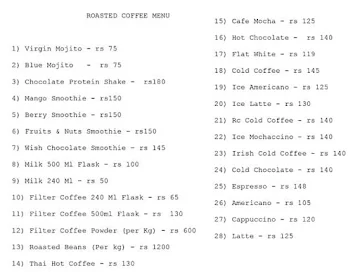 Roasted Coffee Shop menu 
