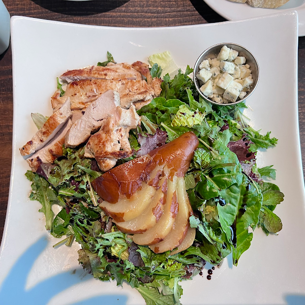 Gluten free Poached Pear Salad with grilled chicken.