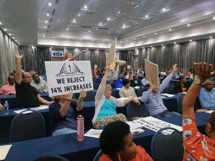 Ratepayer representatives at the Durban Exhibition Centre opposed tariff increases. Picture: LWAZI HLANGU.