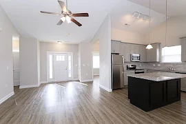 Living room and kitchen area with wood-inspired flooring