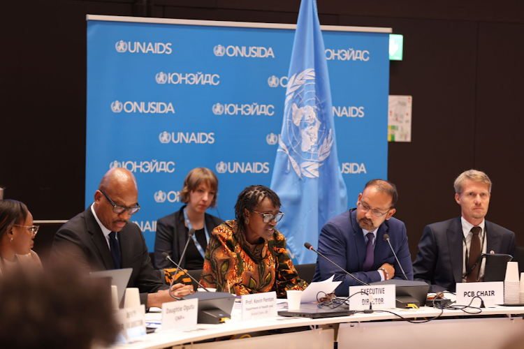 Kenya's delegate Ruth Laibon Masha speaks during the 53rd UNAIDS programme Coordinating Board held in Geneva, Switzerland, December 15, 2023.