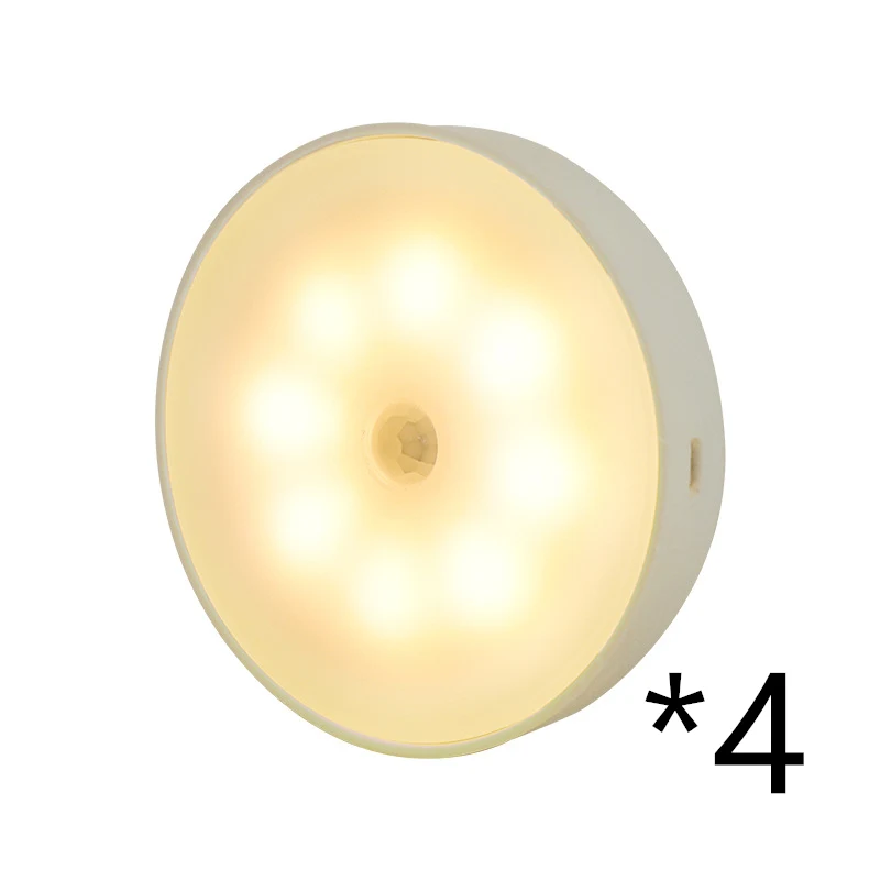 Luz LED inalámbrica redonda con sensor de movimiento y recargable por USB para armarios de cocina, iluminación nocturna