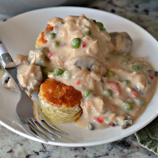 Chicken a la King is a delicious combination of chicken, mushrooms, onions, peas, green peppers and pimentos in a rich creamy sauce. 