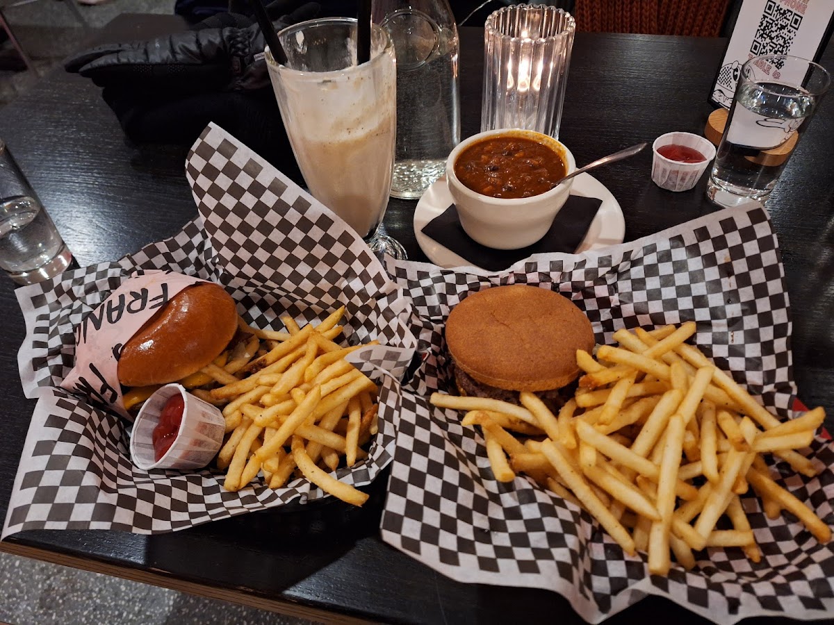 Vegan burger. Chili fries, and an apple a day boozy shake