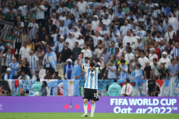 Lionel Messi of Argentina celebrates after the 2-0 win during the Fifa World Cup 2022 match between Argentina and Mexico at Lusail Stadium in Lusail City, Qatar, November 26 2022. Picture: ALEX GRIMM/GETTY IMAGES