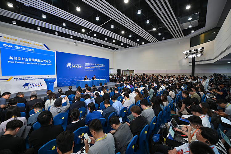 This photo taken on March 26, 2024 shows a scene of the first press conference for the Boao Forum for Asia (BFA) annual conference in Boao, south China's Hainan Province.