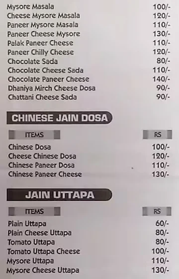 Narayan Dosa menu 