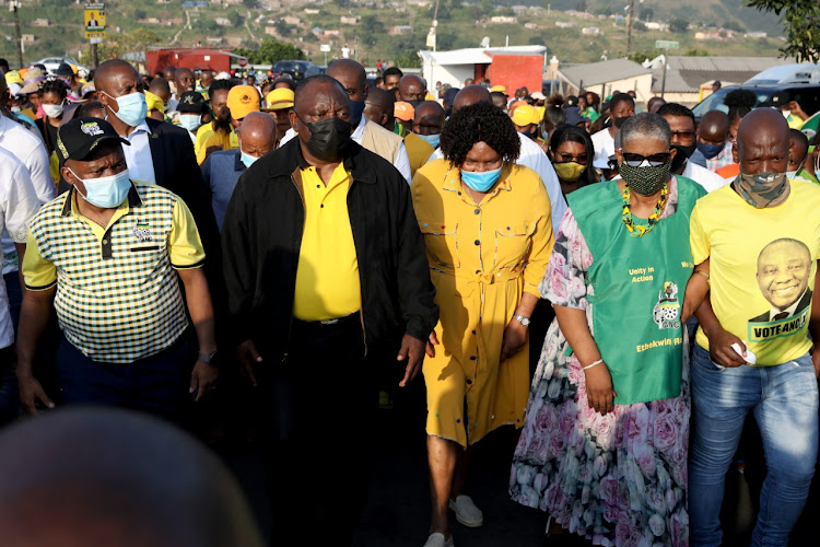 President Cyril Ramaphosa flanked by, among others, KwaZulyu-Natal premier Sihle Zikalala and ousted eThekwini mayor Zandile Gumede during an ANC rally in Hammarsdale, Durban on Thursday.