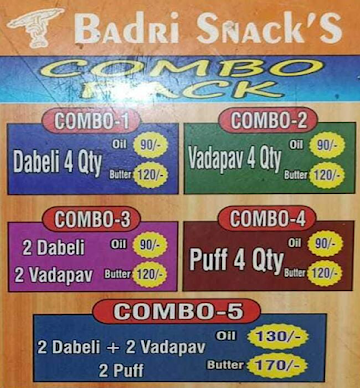 Badri Snacks menu 